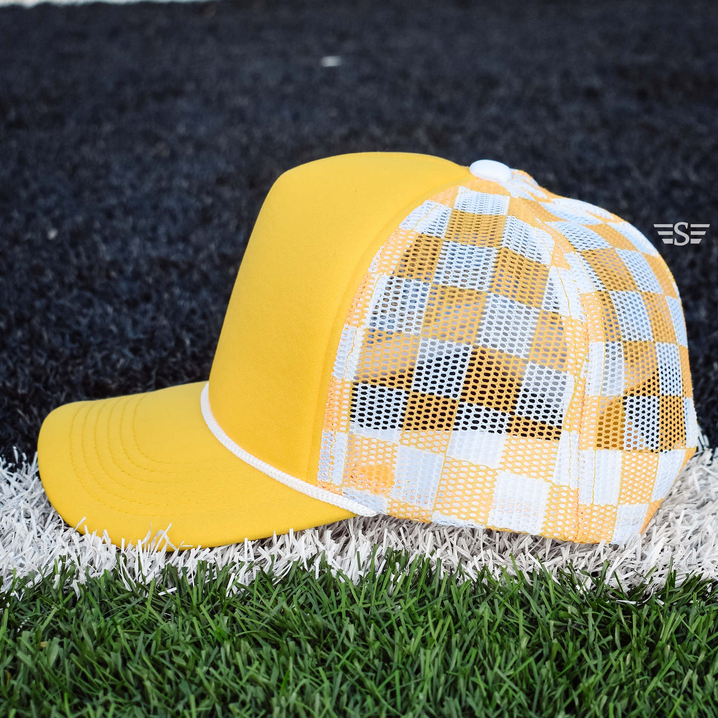 Checkered Mesh Back Foam Trucker Cap: Tan/ Brown