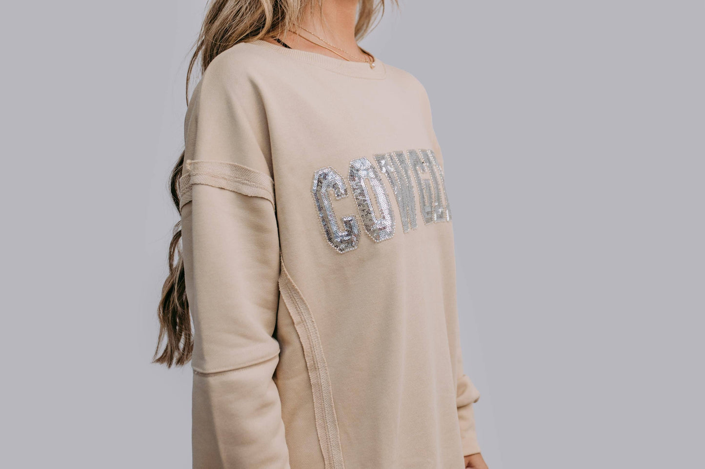 MK481 Cowgirl Sequin and Beaded Sweatshirt: Tan / M