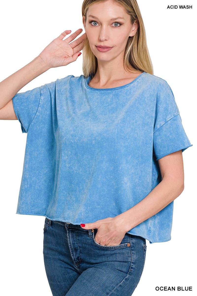 Acid Wash Raw Edge Short Sleeve Crop Top: 2-2(S/M-L/XL) / TURQUOISE