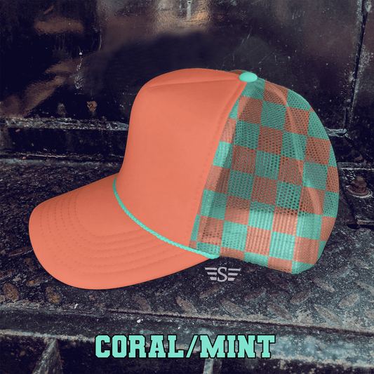 Checkered Mesh Back Foam Trucker Cap: Coral/ Mint