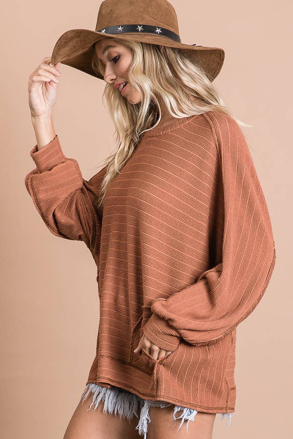 T1099A Textured Rayon Span Bold Stripe Boxy Top: BROWN / S-M-L (2-2-2)