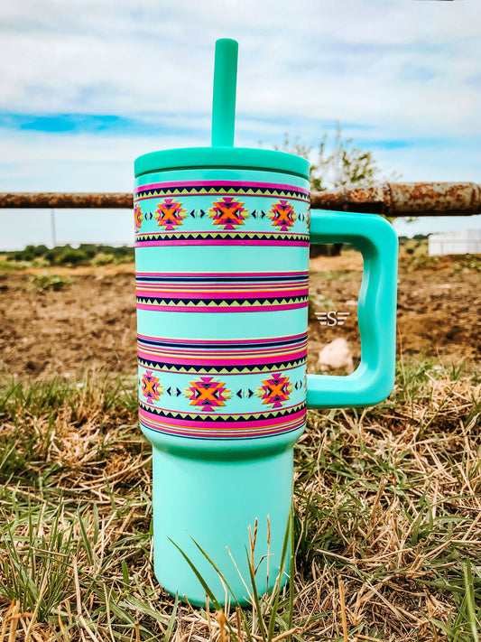 Printed 24oz Cup: Turquoise Montezuma Aztec