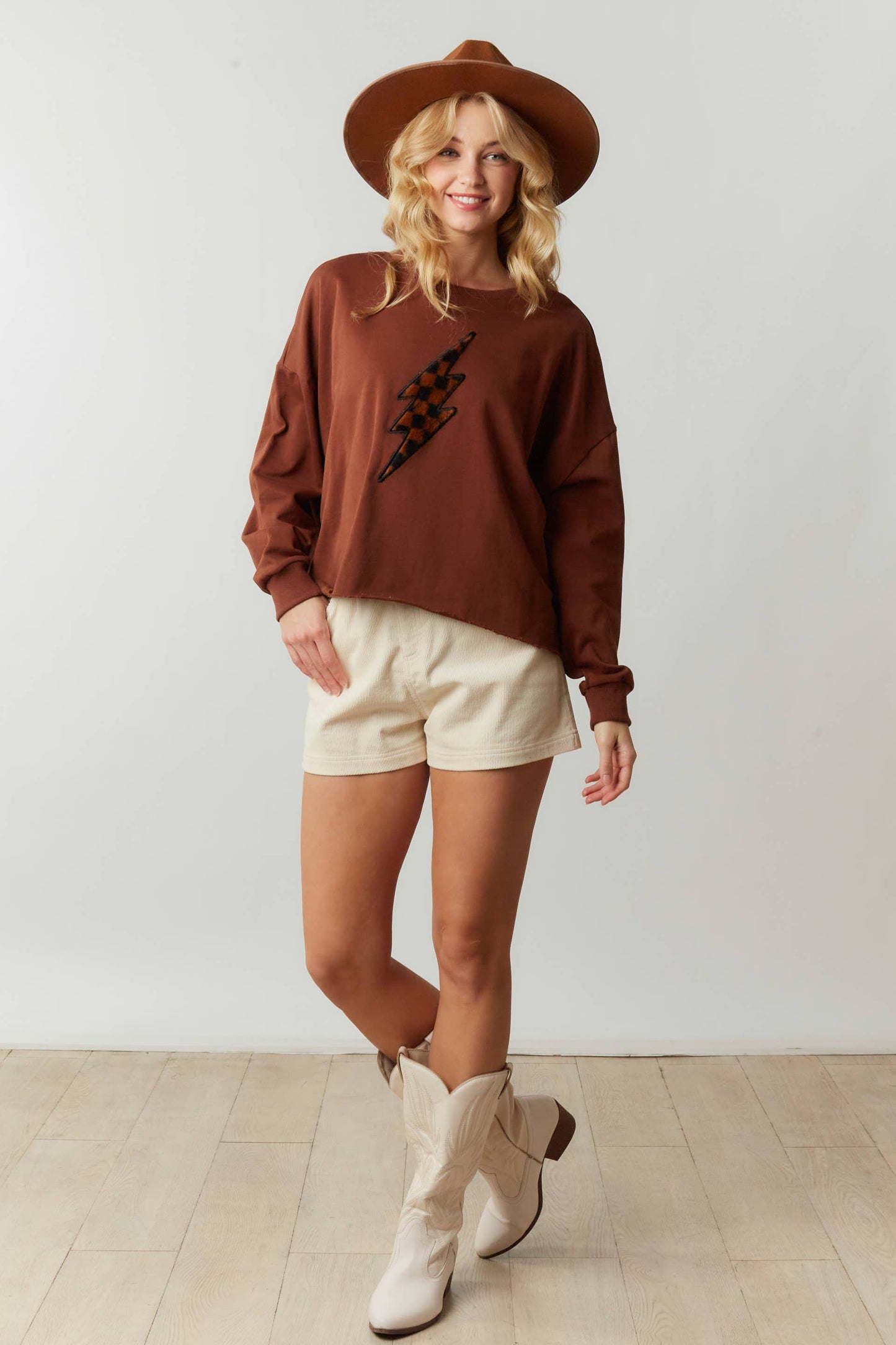 Thunder Checker Patch Knit Sweatshirt: BLUSH / S