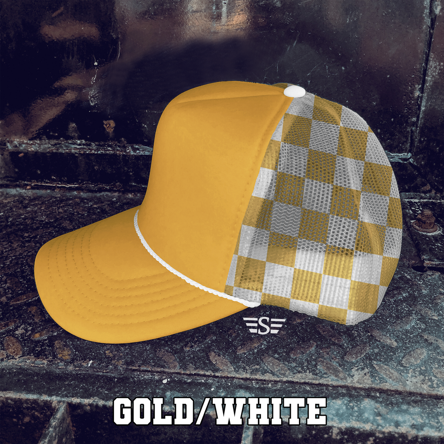 Checkered Mesh Back Foam Trucker Cap: Coral/ Mint