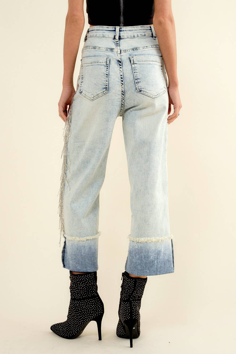 22251P - Rhinestone Fringe Denim Jeans: S / LIGHT WASH