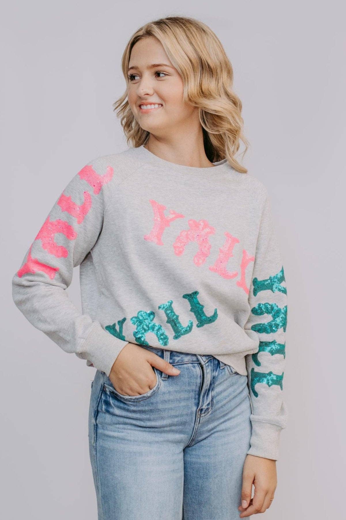 MK528 Yall Sequin Sweatshirt: Heather Gray / S