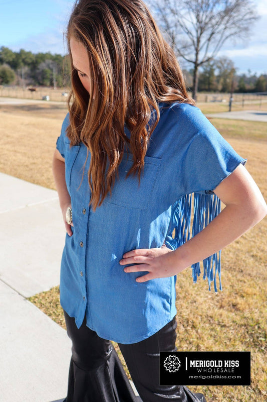 MK014 Cavalier Fringe Detail Chambray Top - 4 Colors: S / Light Chambray