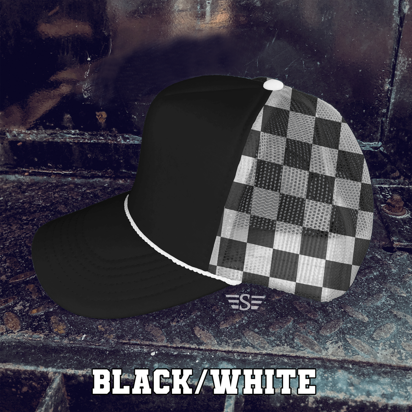 Checkered Mesh Back Foam Trucker Cap: Black/ White