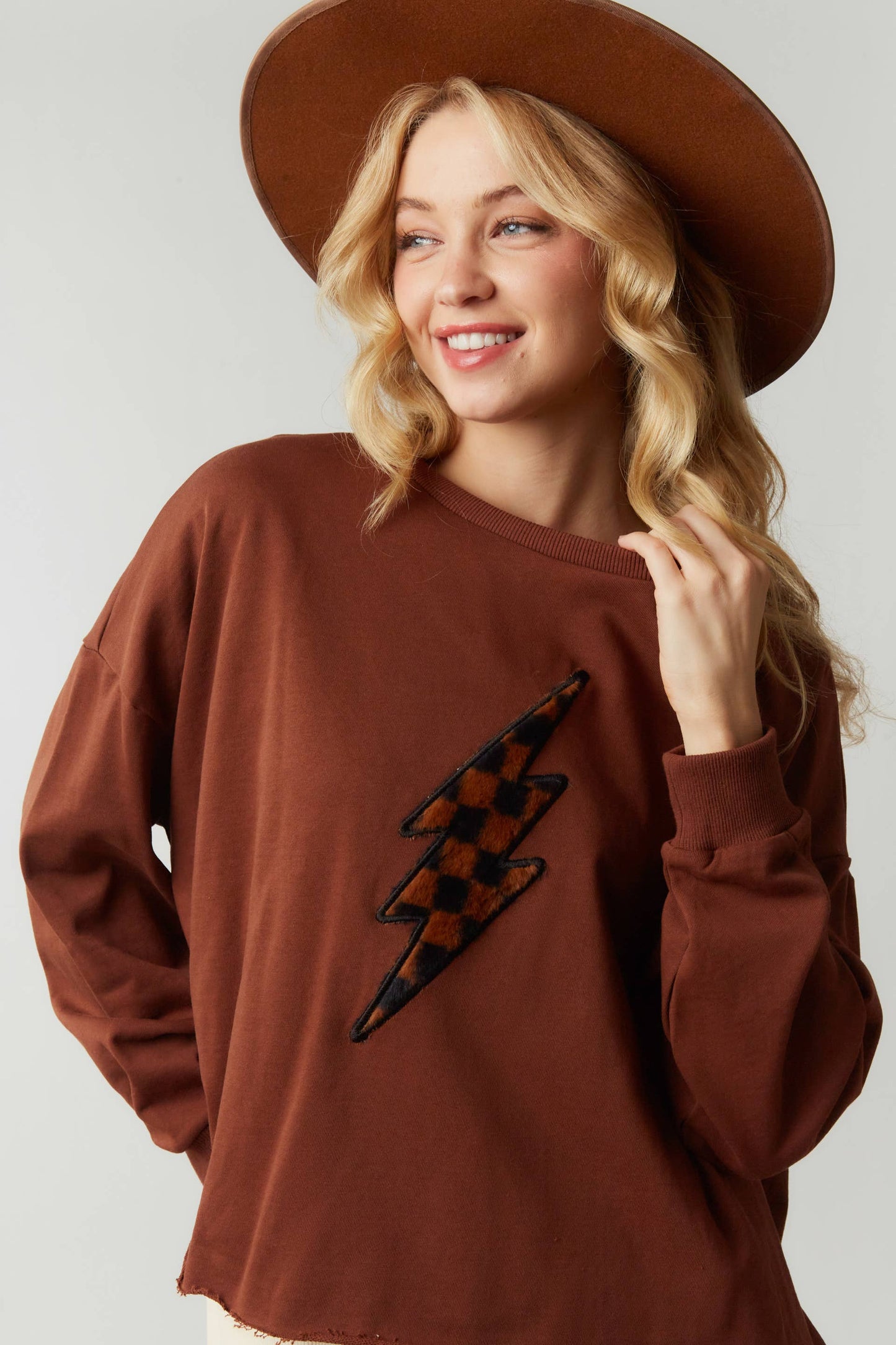 Thunder Checker Patch Knit Sweatshirt: BLUSH / S