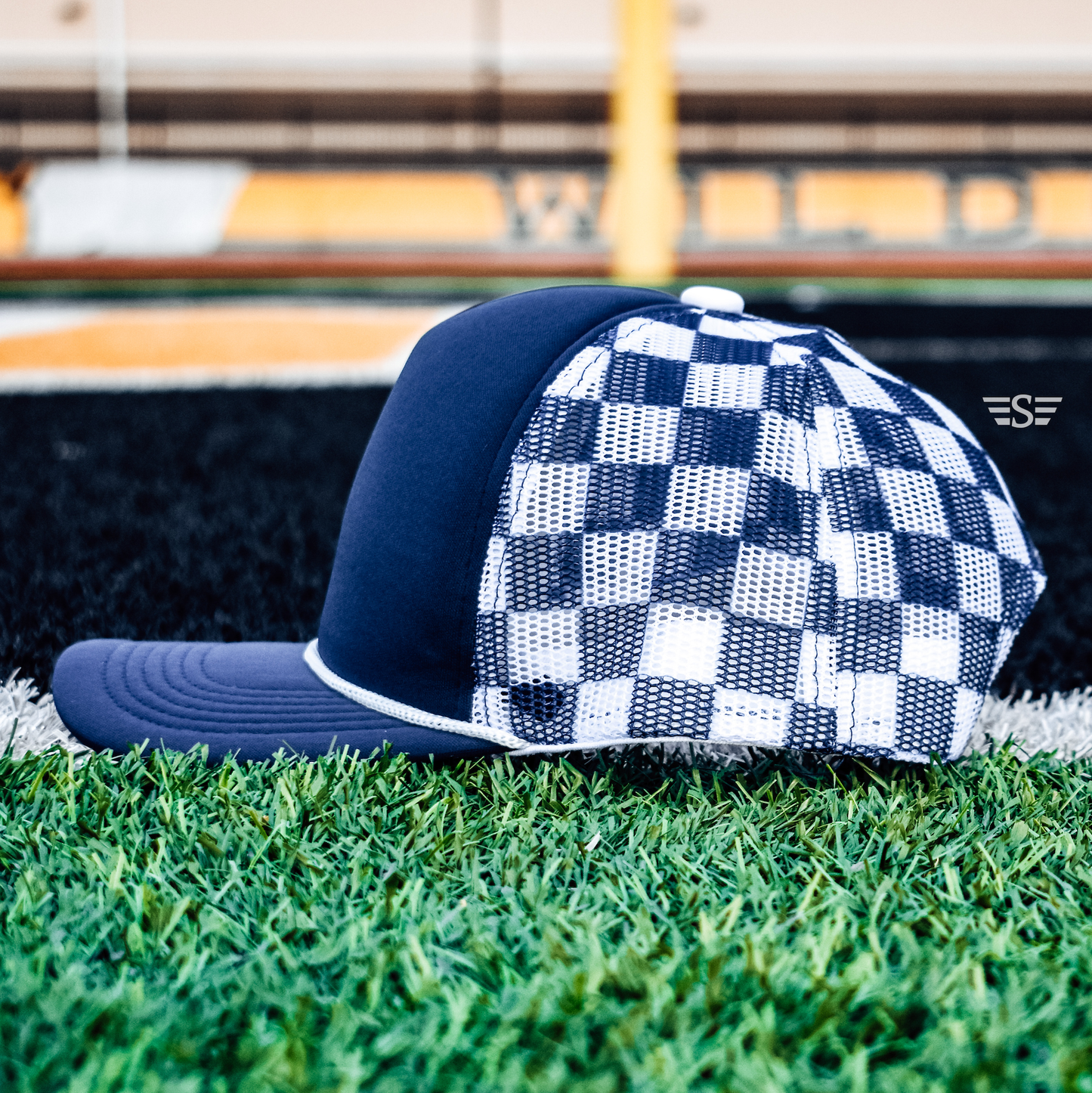 Checkered Mesh Back Foam Trucker Cap: Tan/ Brown