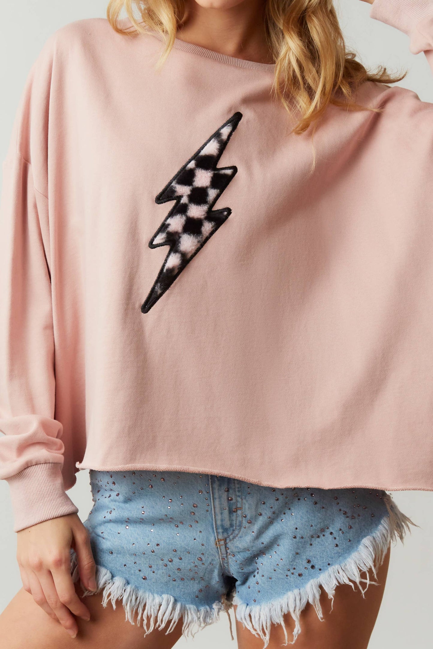 Thunder Checker Patch Knit Sweatshirt: BLUSH / L