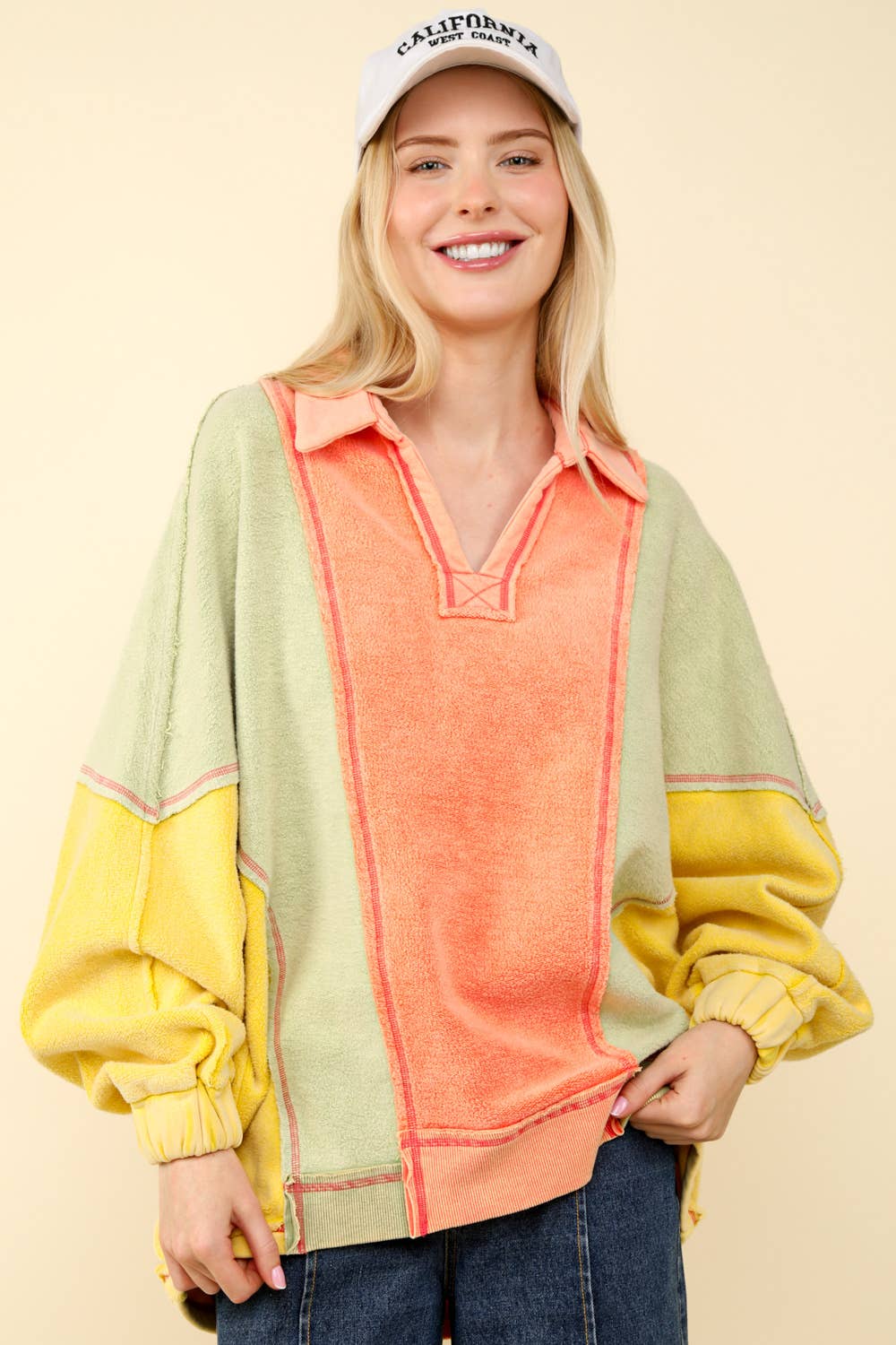 NT11903-Color Block Frenchy Terry Oversized Knit Top: Orange / S.M-M.L/3-3