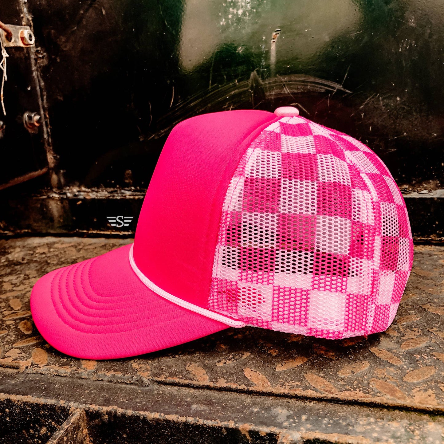 Checkered Mesh Back Foam Trucker Cap: Coral/ Mint