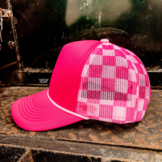 Checkered Mesh Back Foam Trucker Cap: Pink/ Light Pink