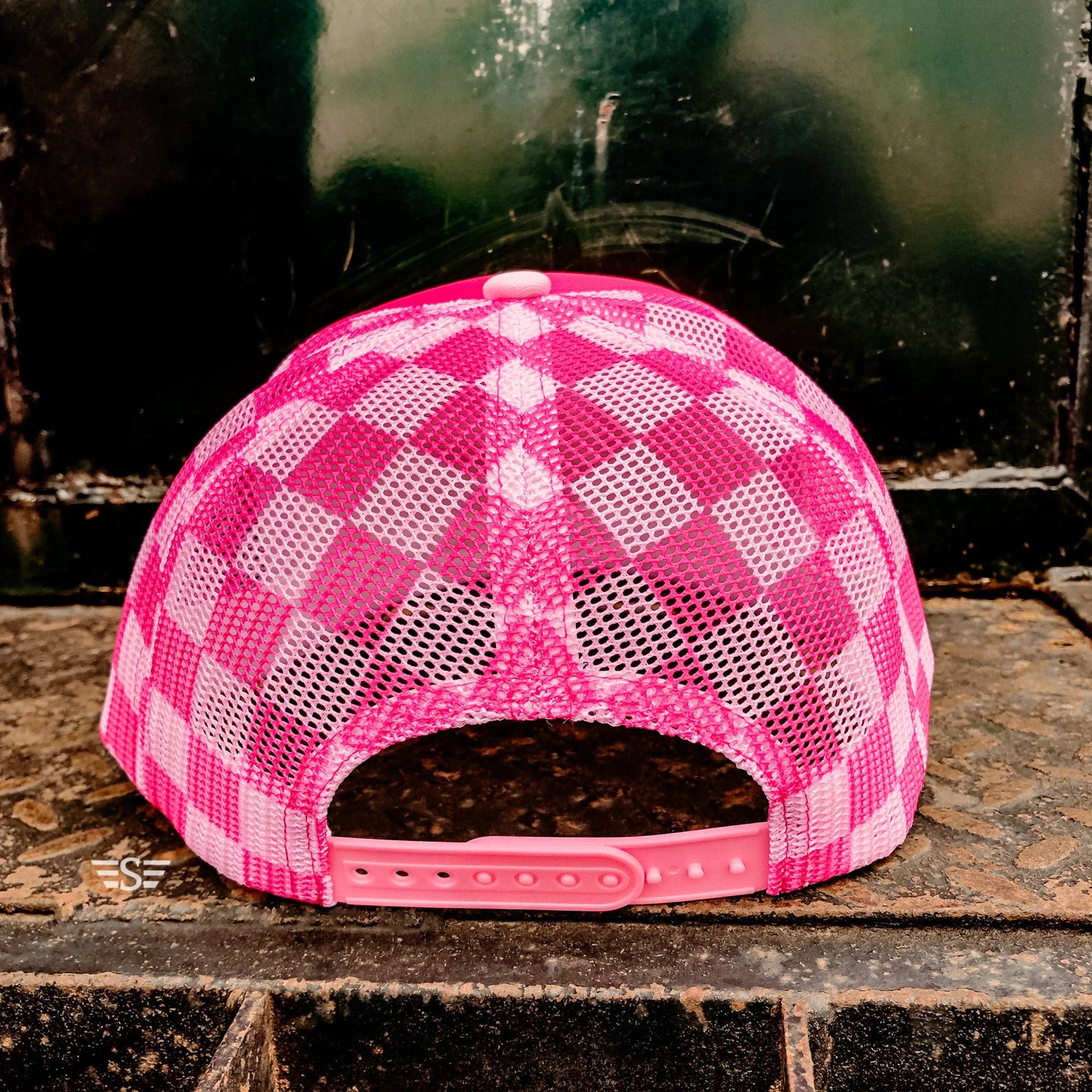 Checkered Mesh Back Foam Trucker Cap: Coral/ Mint