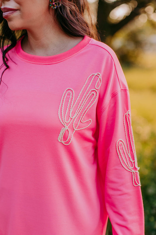 MK371 Cactus Line Embroidery Light Weight Sweatshirt - Pink: Pink / L