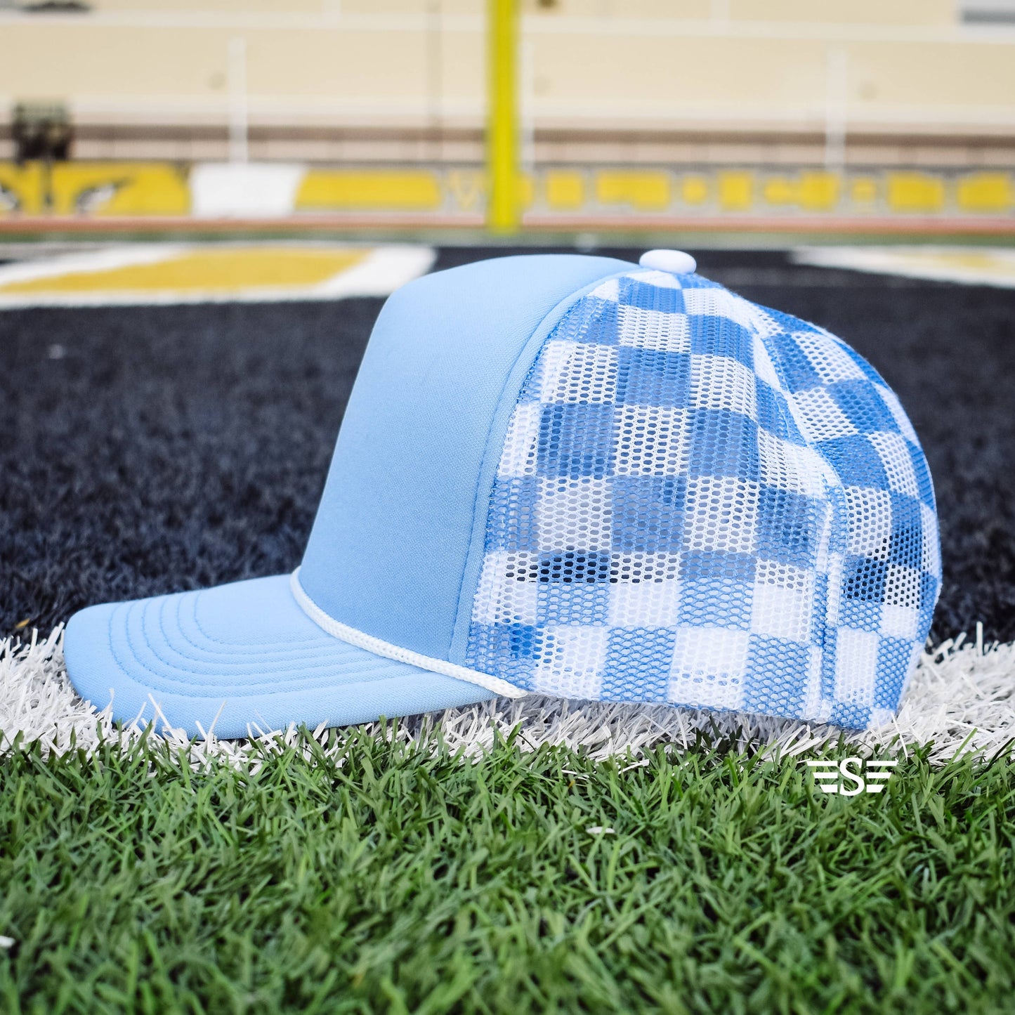 Checkered Mesh Back Foam Trucker Cap: Tan/ Brown