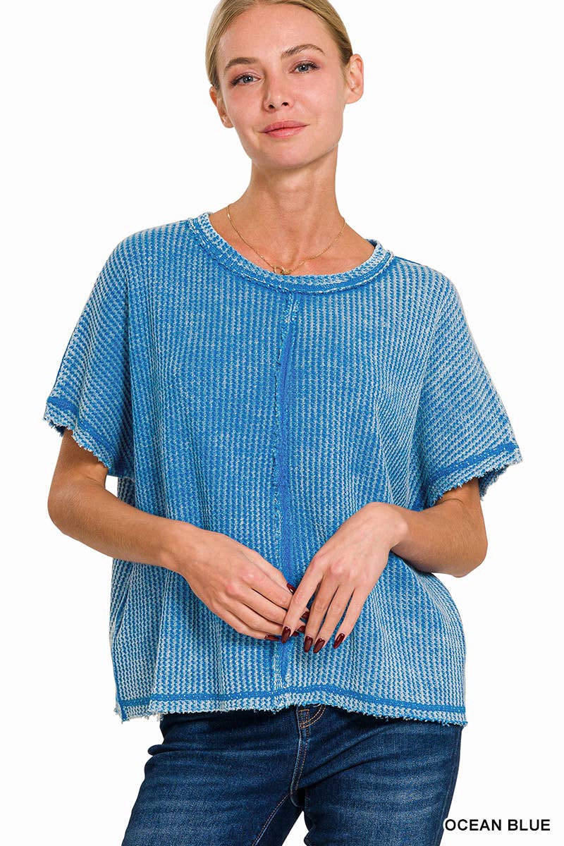 Washed Baby Waffle Short Sleeve Top: 3-3 (S/M-L/XL) / LT TEAL