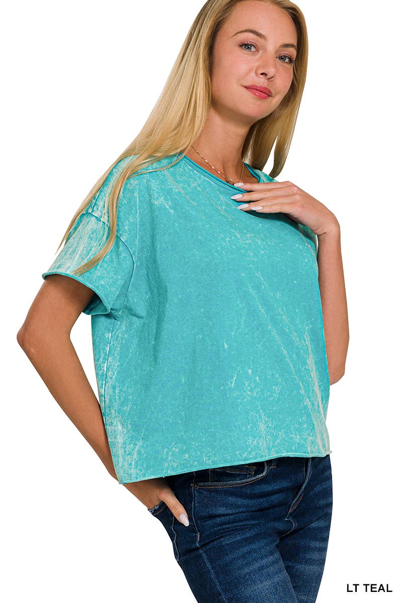 Acid Wash Raw Edge Short Sleeve Crop Top: 2-2(S/M-L/XL) / TURQUOISE