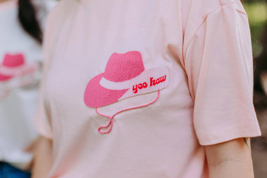 MK333 Cowgirl Hat Embroidery Tee - Pink: L / Pink