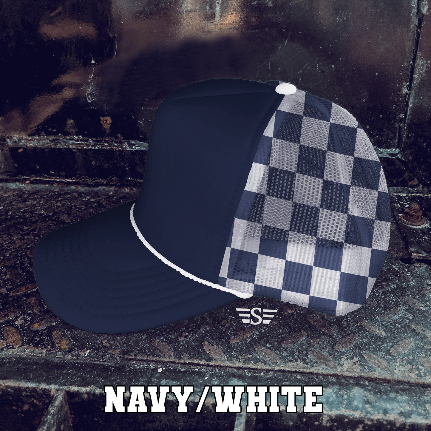 Checkered Mesh Back Foam Trucker Cap: Black/ White