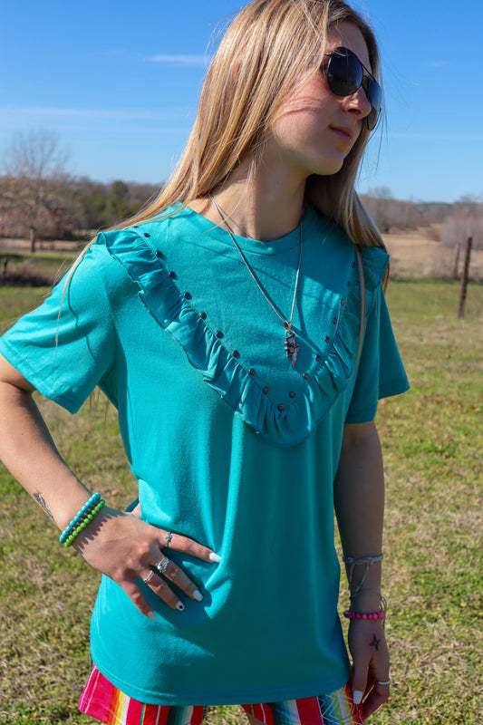 MK061 Vivica Ruffle Trim Studded Tee - 2 Colors: S / TEAL