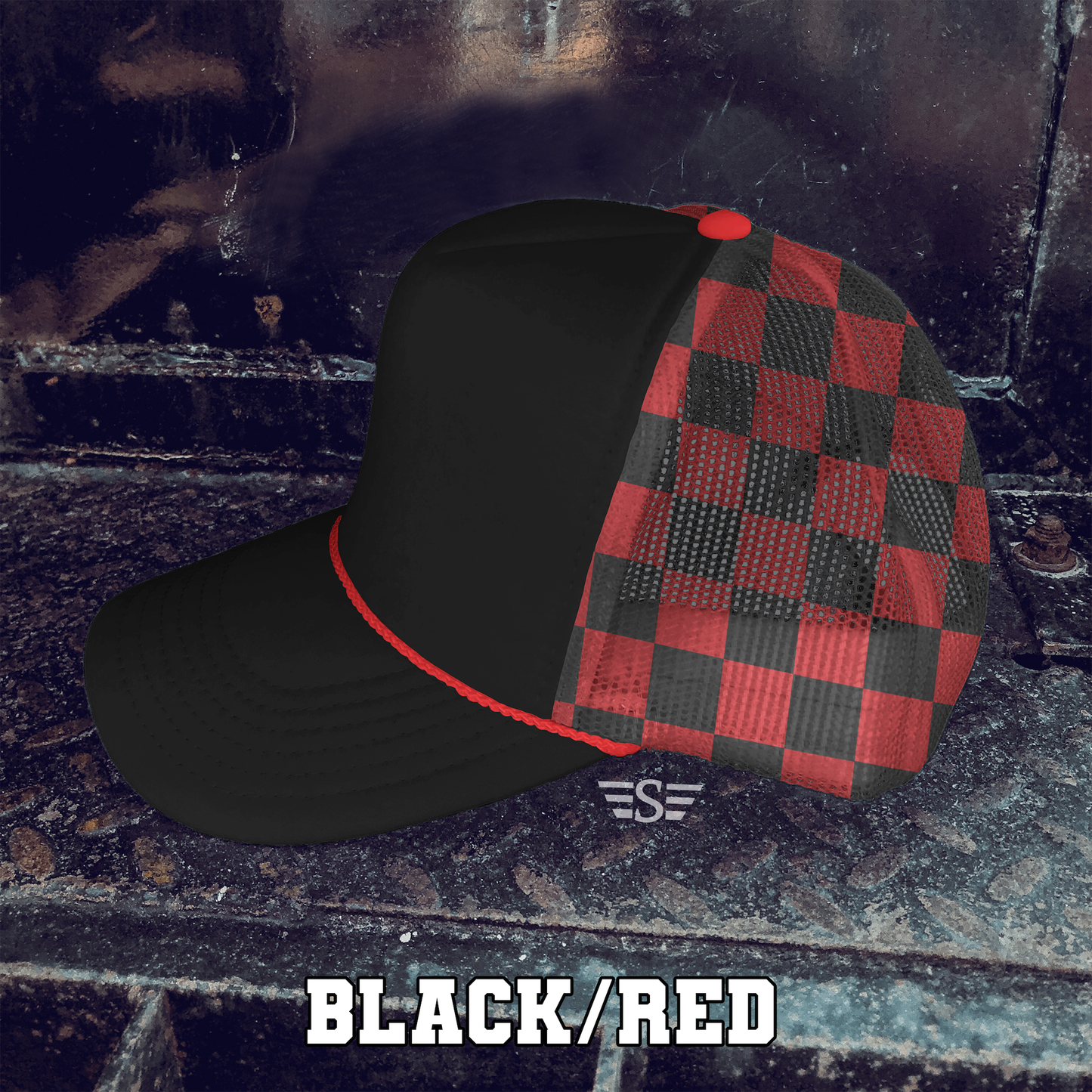 Checkered Mesh Back Foam Trucker Cap: Black/ White