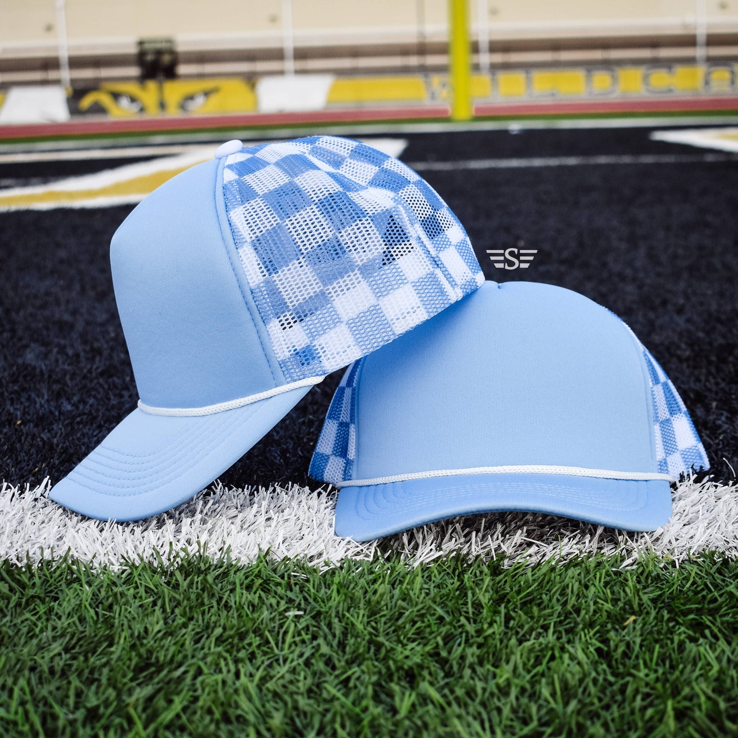 Checkered Mesh Back Foam Trucker Cap: Tan/ Brown