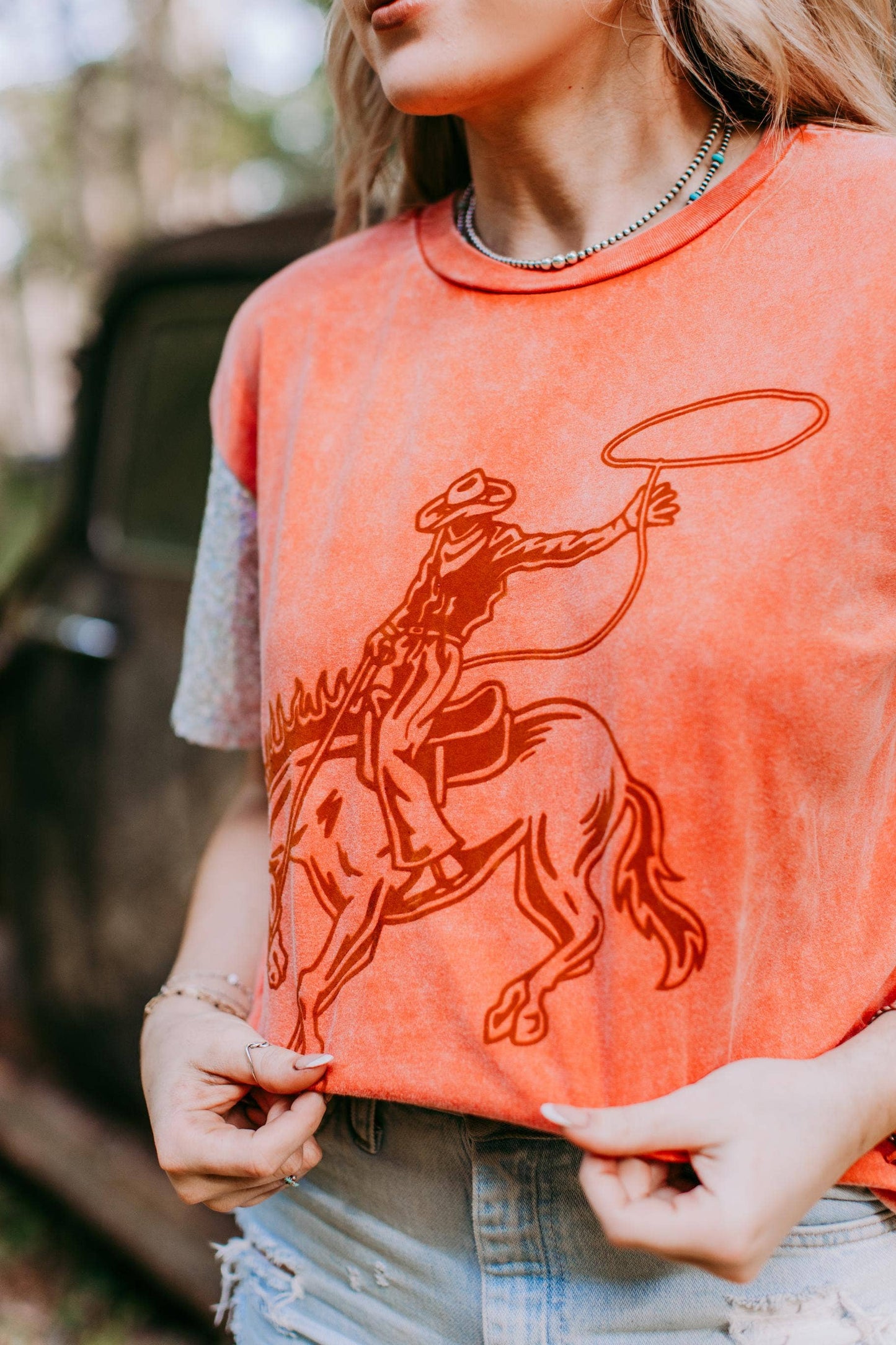 MK347 Cowboy Sequin Sleeve Tee: Orange / S