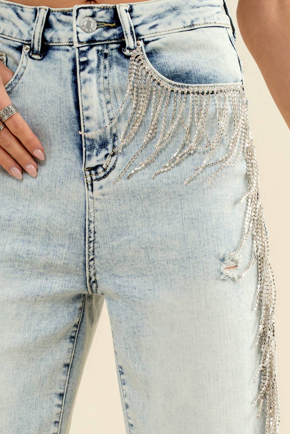 22251P - Rhinestone Fringe Denim Jeans: S / LIGHT WASH