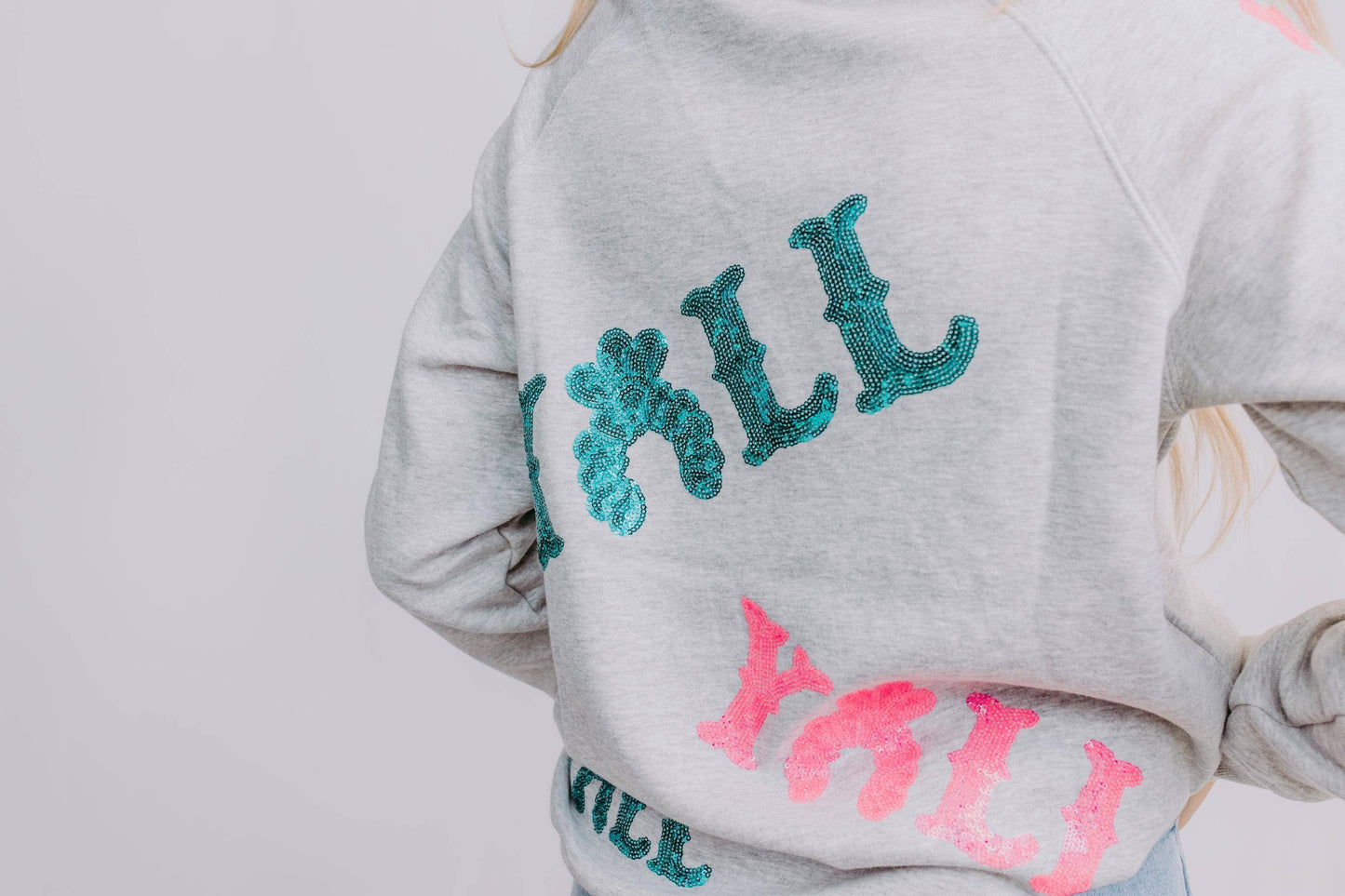 MK528 Yall Sequin Sweatshirt: Heather Gray / L