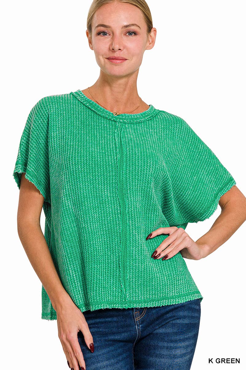 Washed Baby Waffle Short Sleeve Top: 3-3 (S/M-L/XL) / LT TEAL