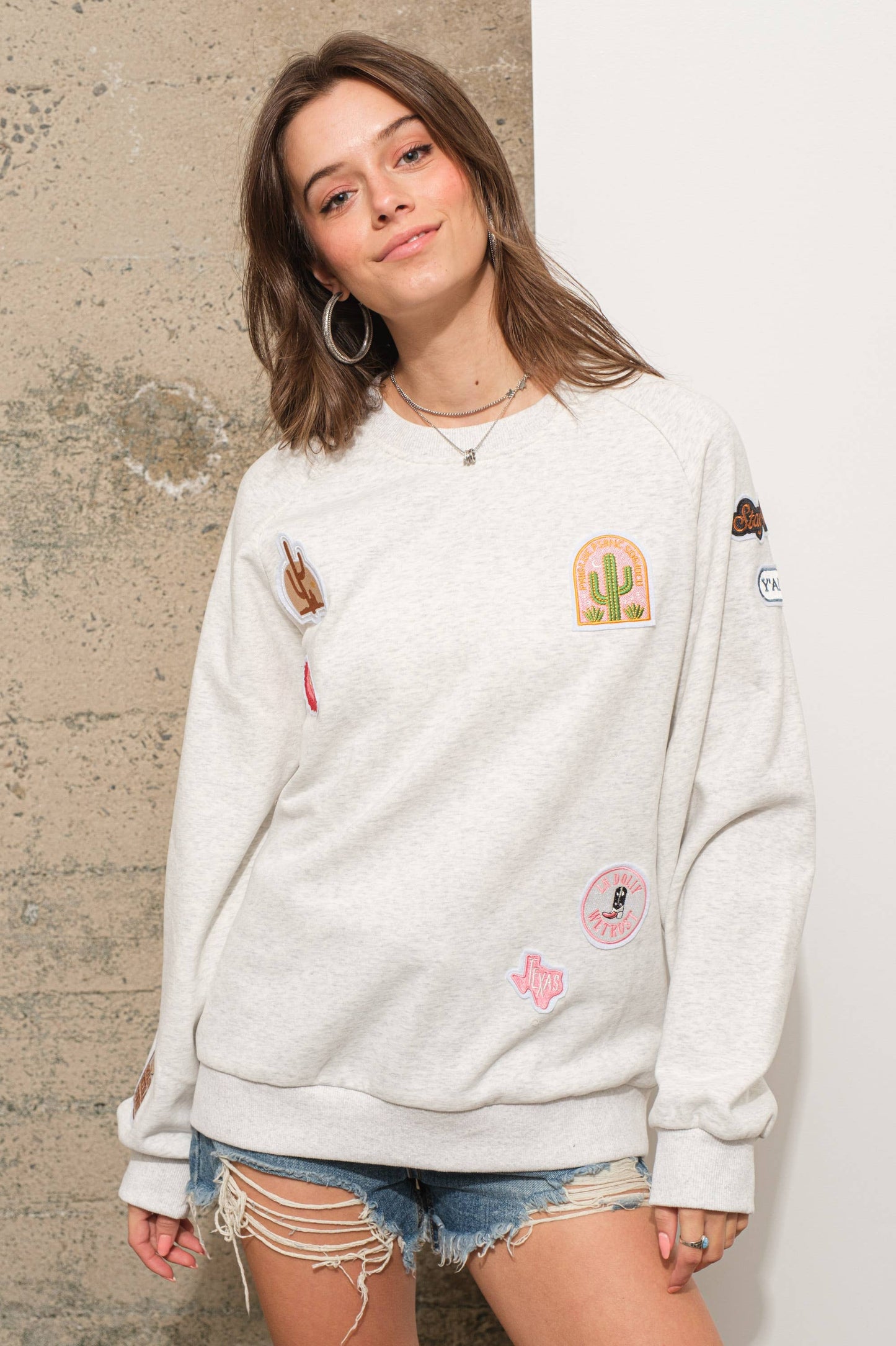 23007T - Cotton French Terry Western Patch Sweatshirt: OATMEAL / L