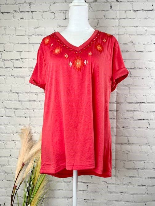 MK032 Battise Tonal Embroidered V-Neck Tee - 3 Colors: L / Jade