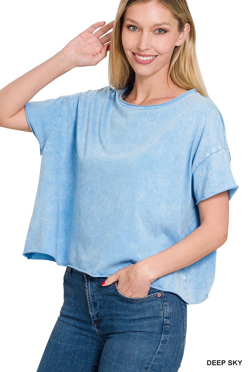 Acid Wash Raw Edge Short Sleeve Crop Top: 2-2(S/M-L/XL) / TURQUOISE