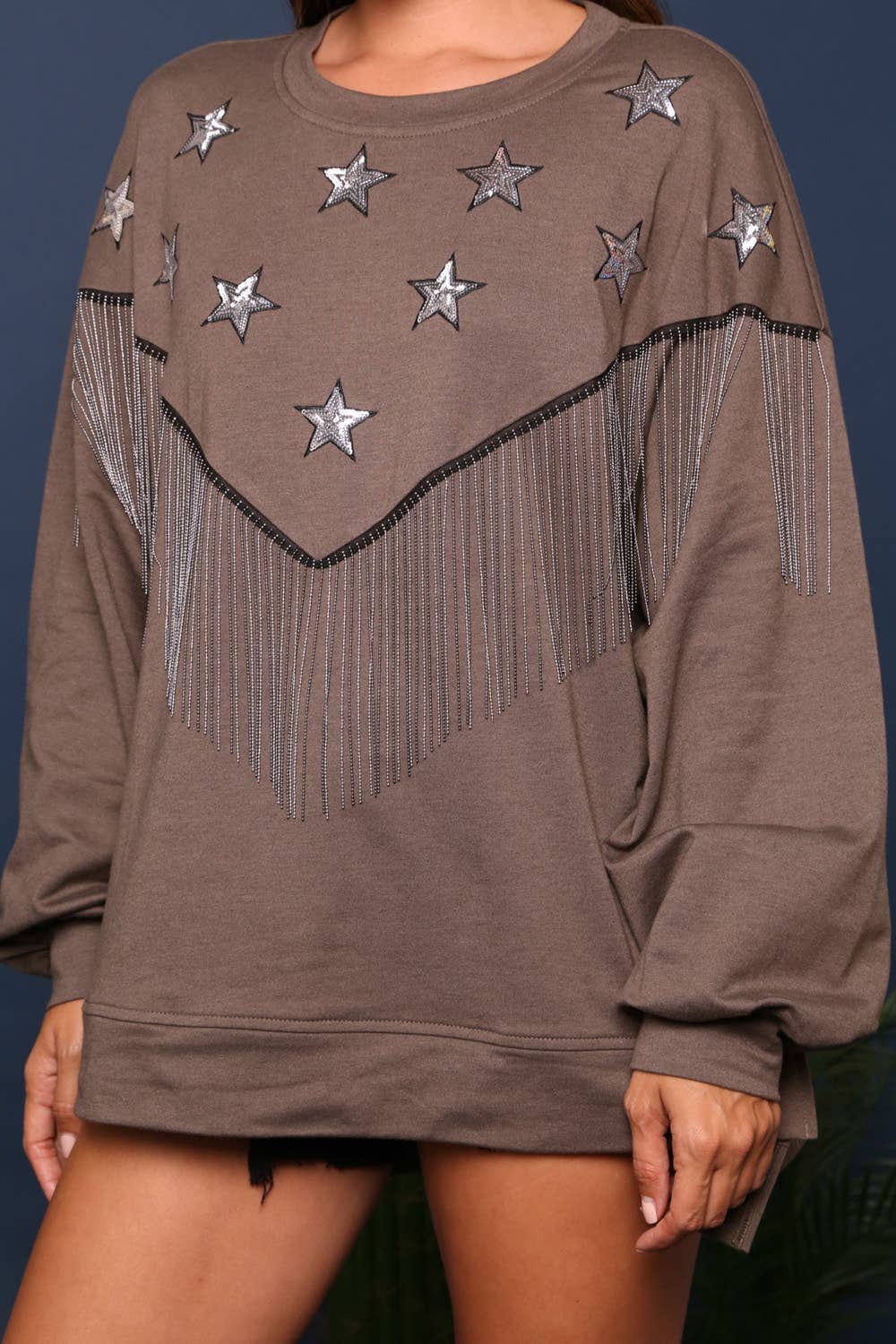 Fringe and Sequin Star Knit Sweatshirt: BURGUNDY / S