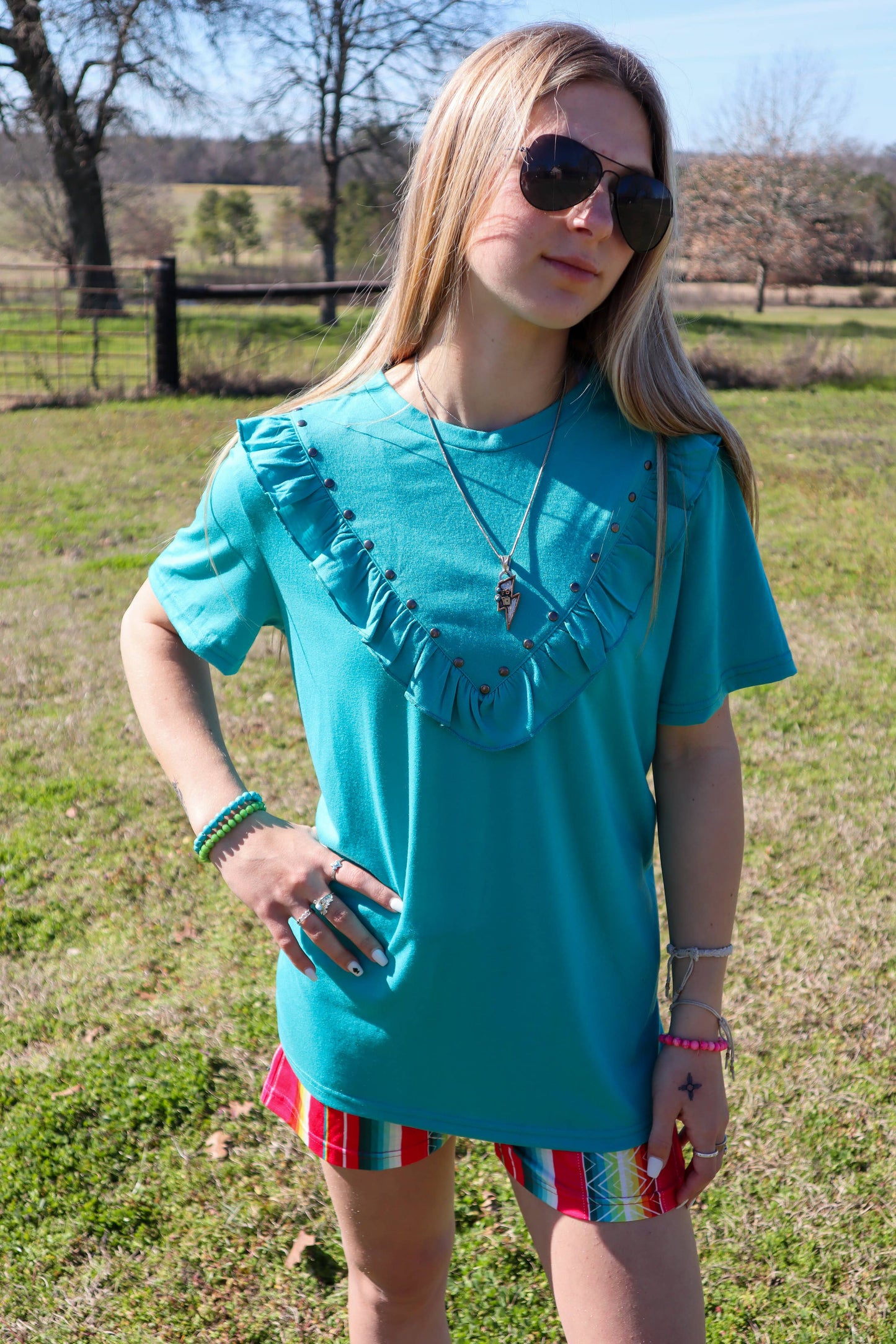 MK061 Vivica Ruffle Trim Studded Tee - 2 Colors: S / TEAL