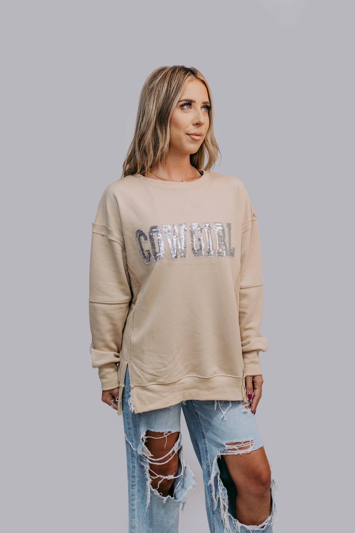 MK481 Cowgirl Sequin and Beaded Sweatshirt: Tan / M