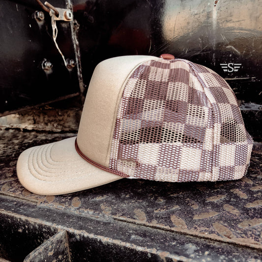 Checkered Mesh Back Foam Trucker Cap: Tan/ Brown