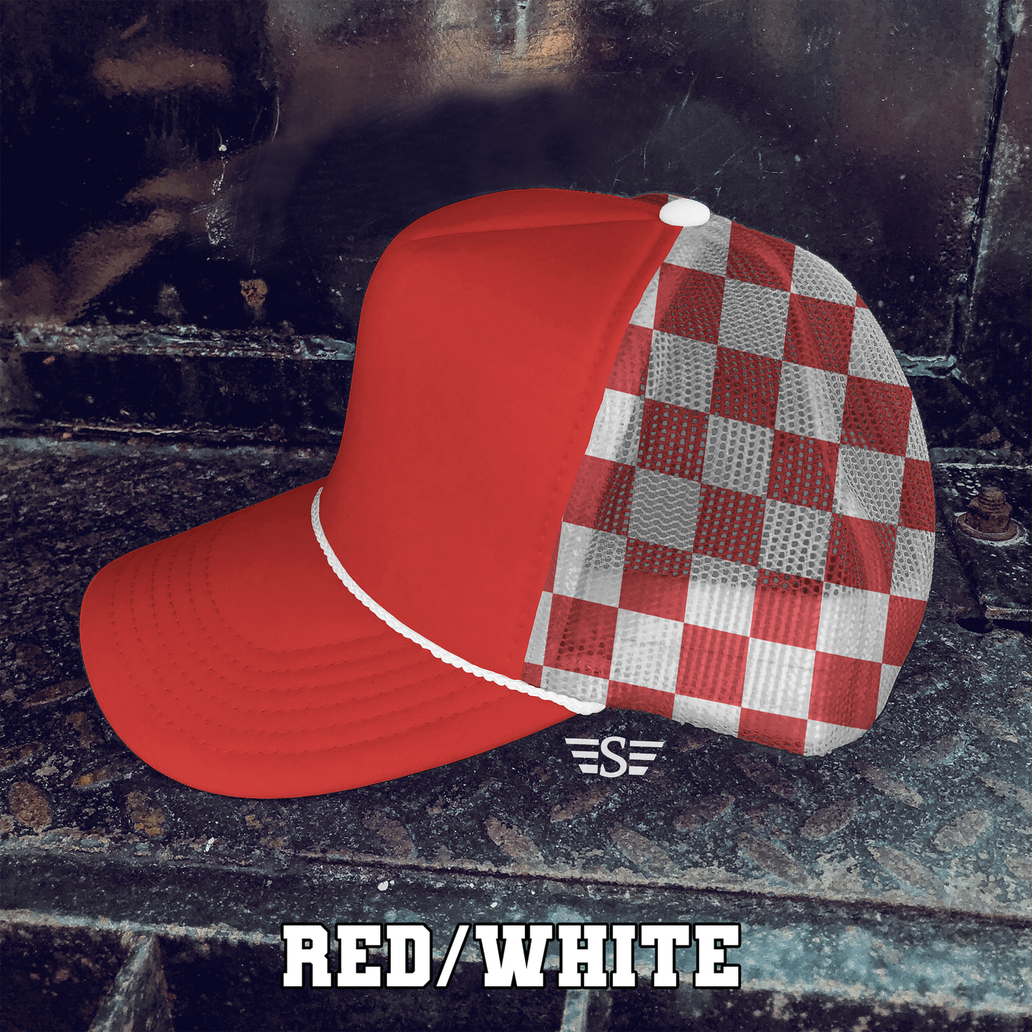 Checkered Mesh Back Foam Trucker Cap: Coral/ Mint