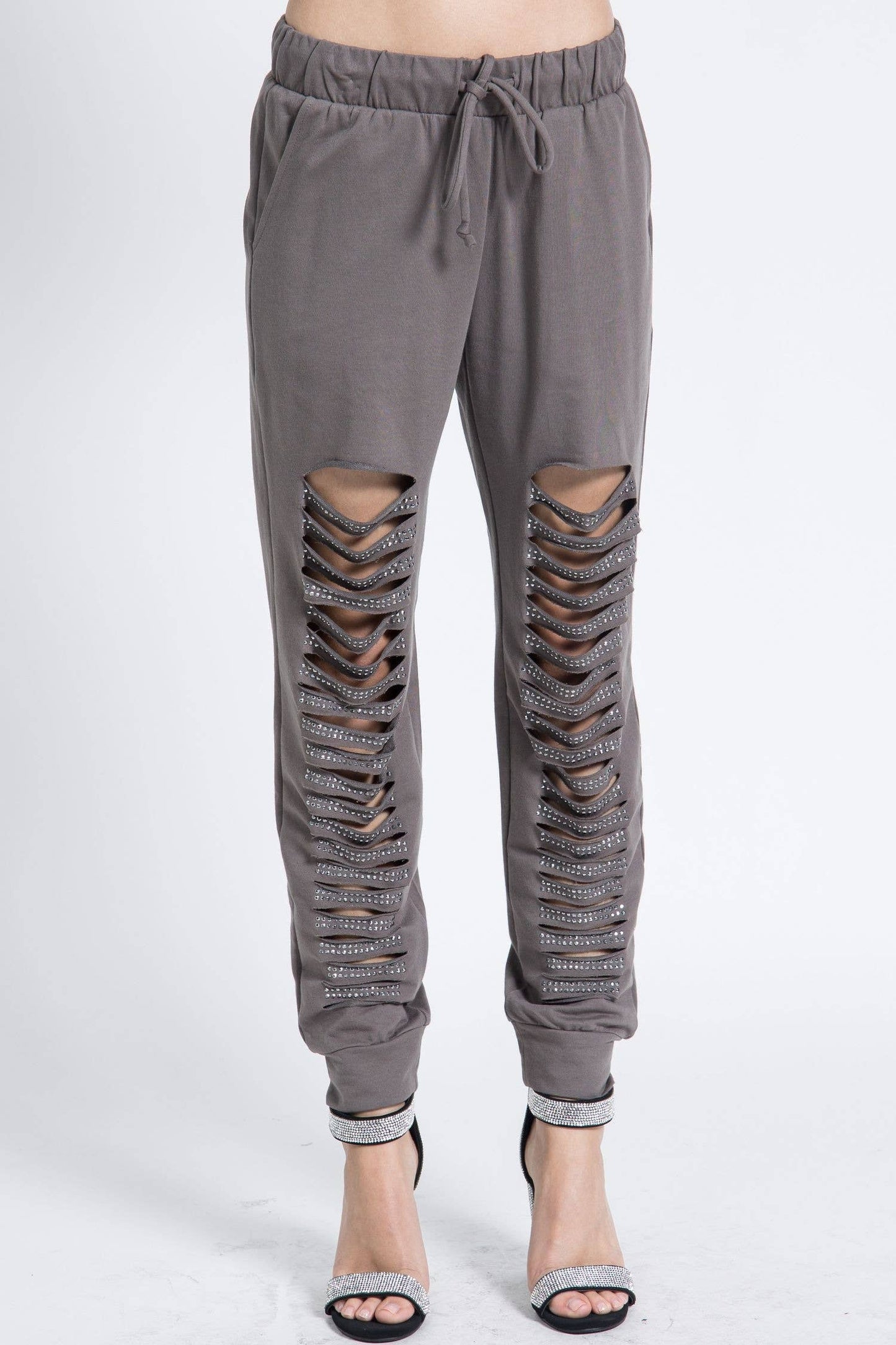 Laser Cut Jogger Pants With Stones charcoal