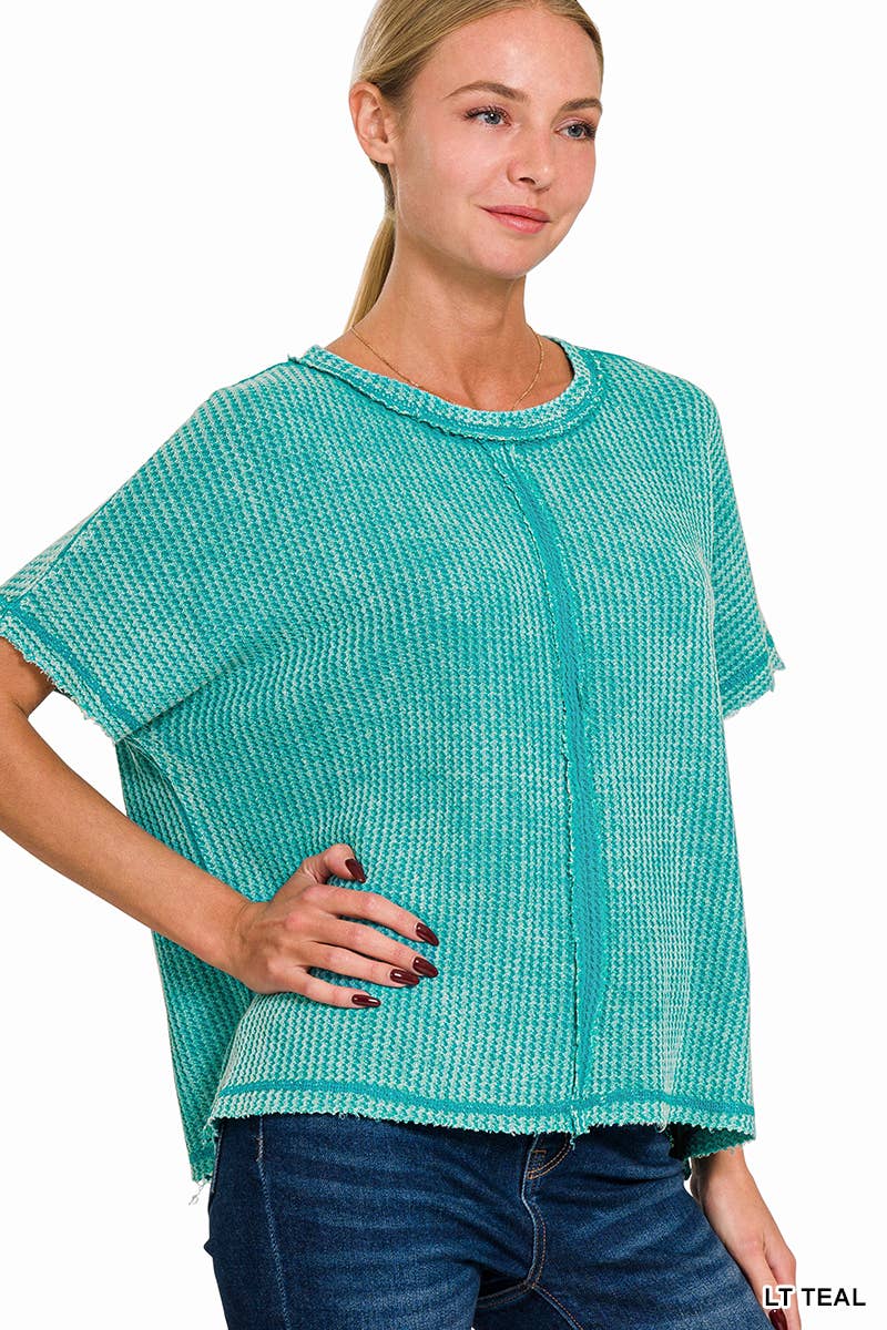 Washed Baby Waffle Short Sleeve Top: 3-3 (S/M-L/XL) / LT TEAL