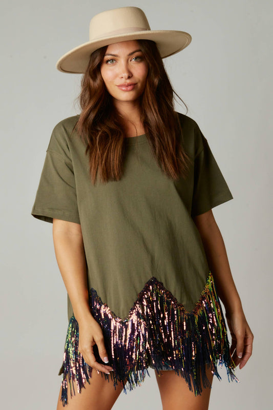 Chevron Sequin Fringe Hem Tee