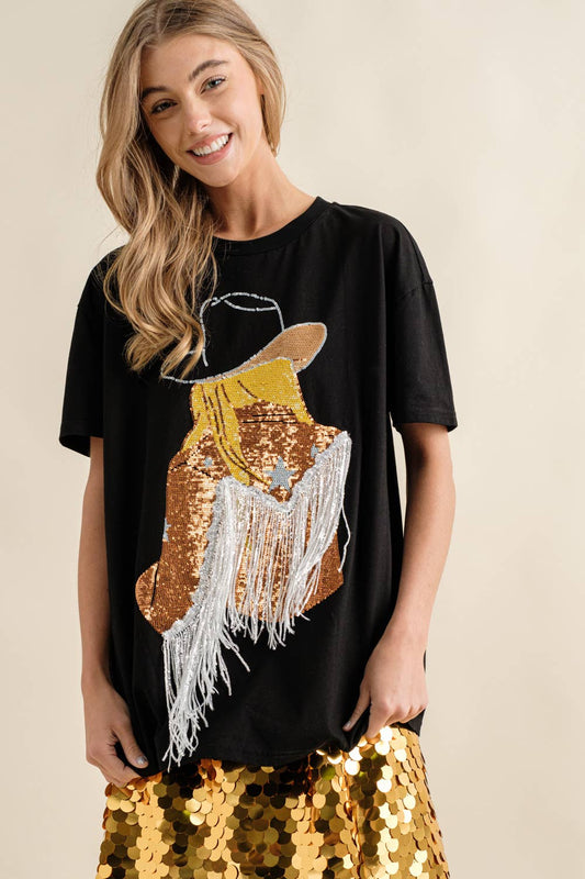 32500T - Sequin Embellished Cow Girl Fringe Graphic T Shirt