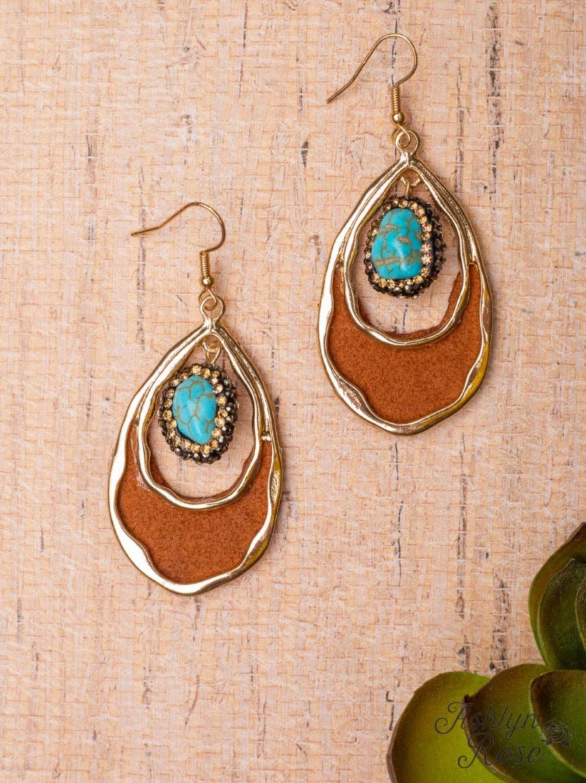 SOUTHERN CHARM TURQUOISE ROCK BROWN LEATHER TEARDROP DANGLE EARRINGS: Multi / One Size