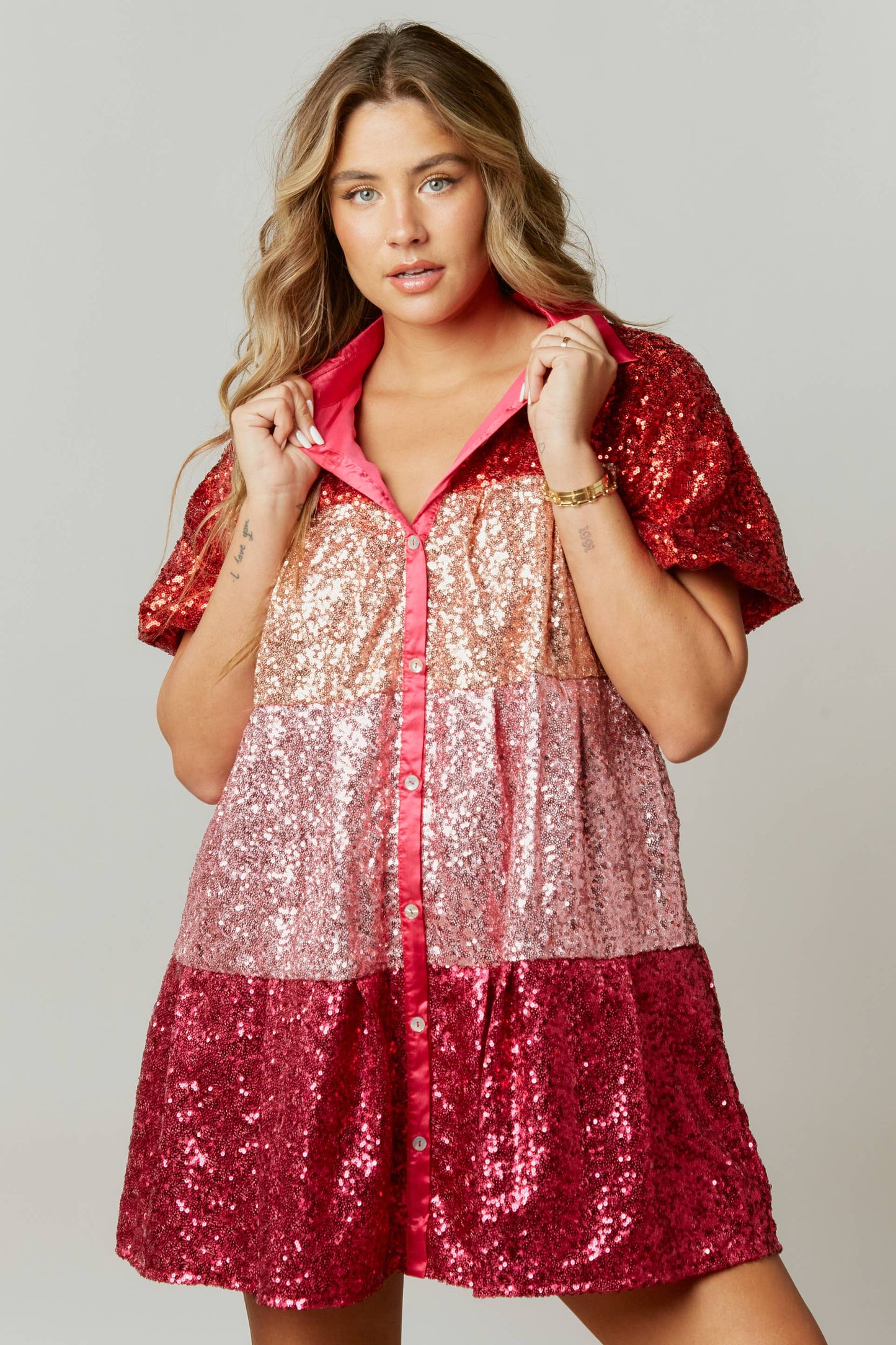 Color Block Sequin Tiered Mini Dress -