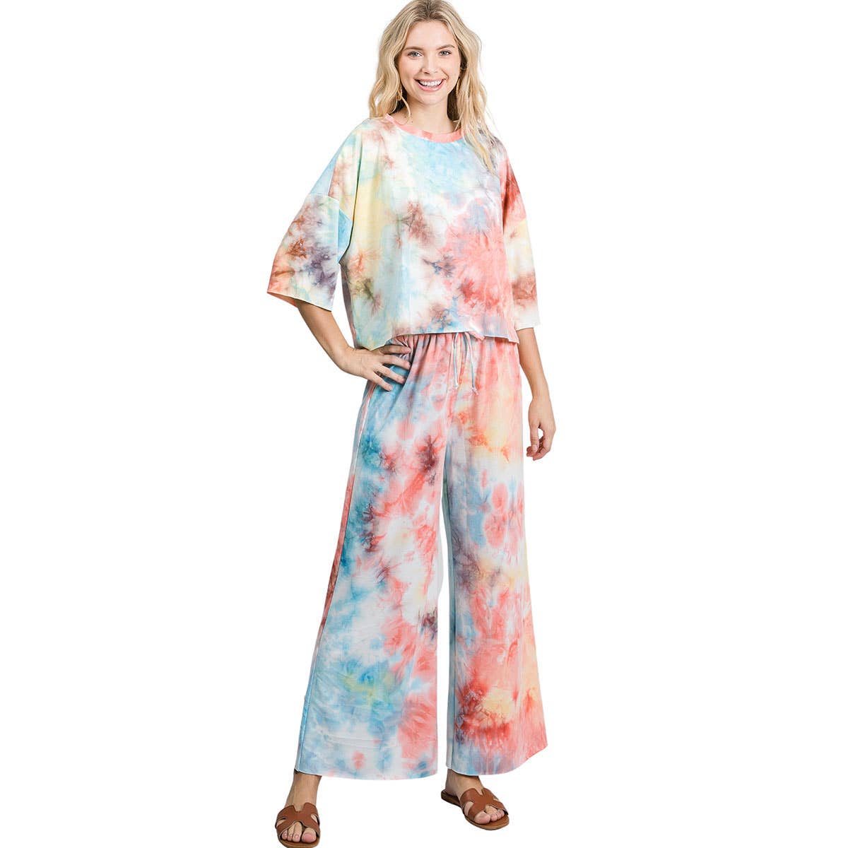 SM2001-A Tie Dye Print Kimono Loungewear Set