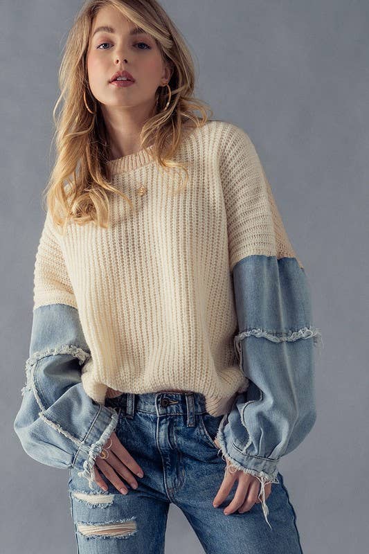 DENIM SLEEVE DROP SHOULDER TWO TONE KNIT SWEATER