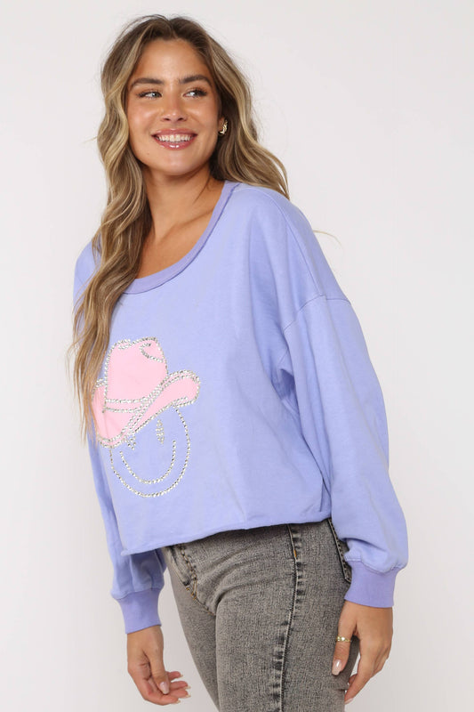 Cowboy Hat Smiley Face Embellished Print Knit Top lilac