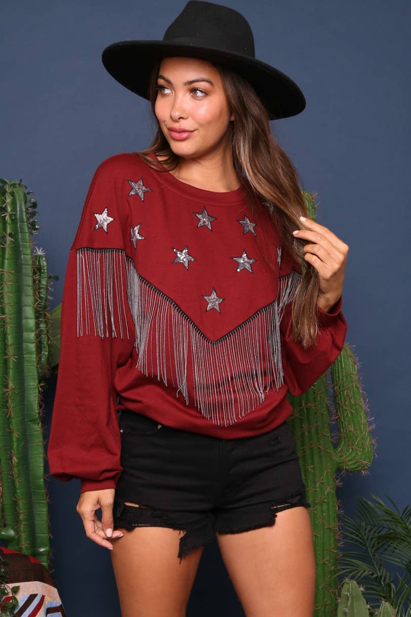 Fringe and Sequin Star Knit Sweatshirt: BURGUNDY / S